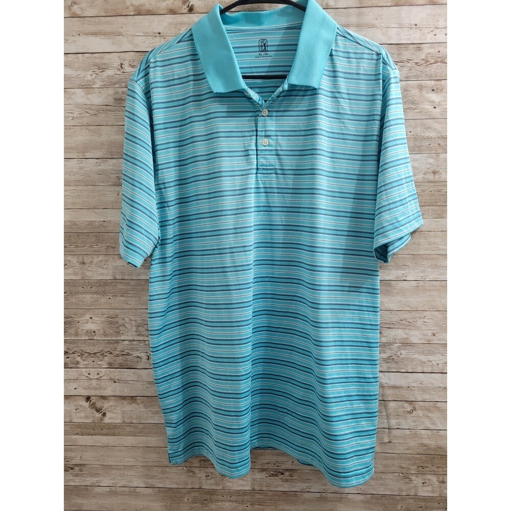 PGA Tour Men's XL Striped Teal Golf Shirt with Collar